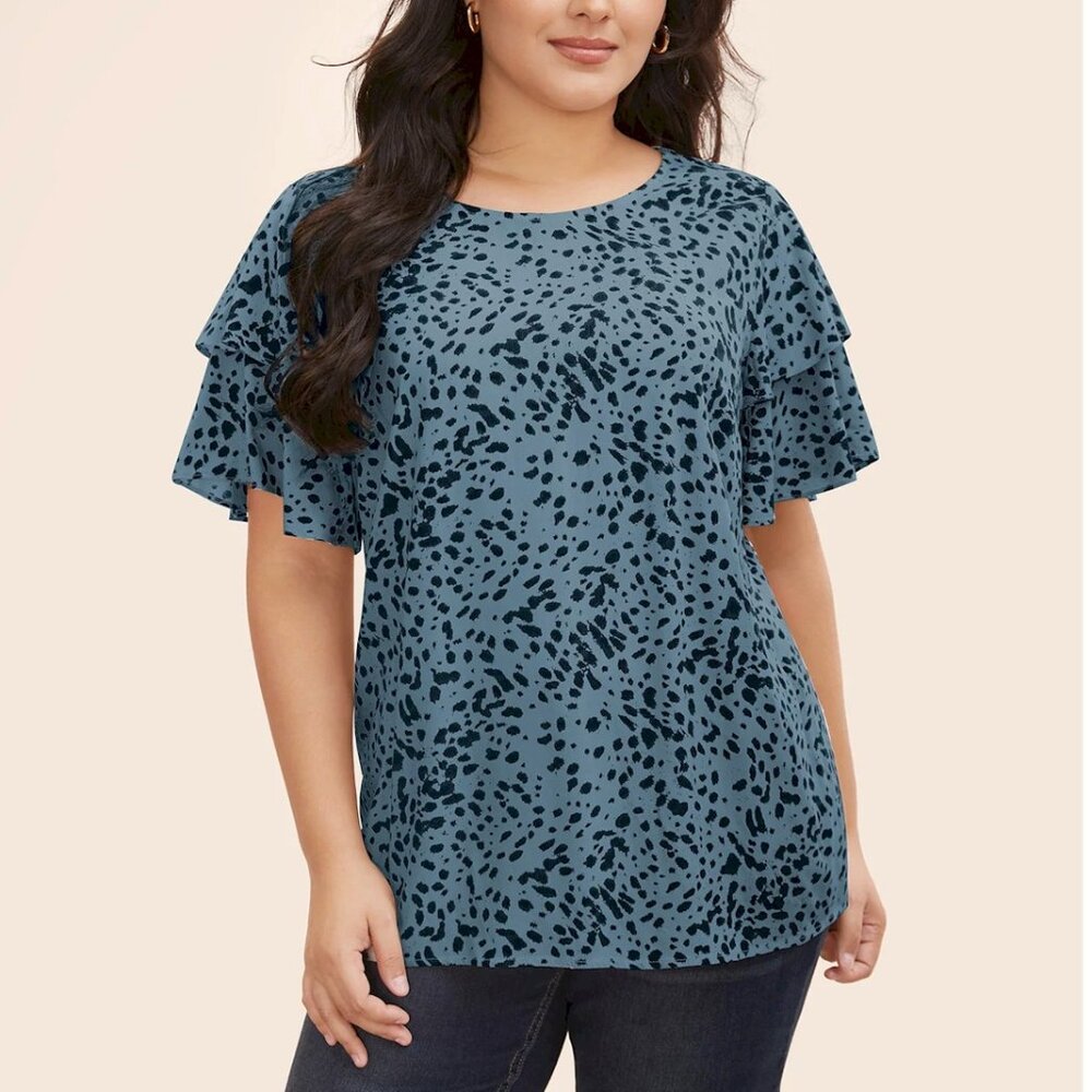 BloomChic Blue and Black Dotted Ruffle Sleeve Blouse - Picture 2 of 11